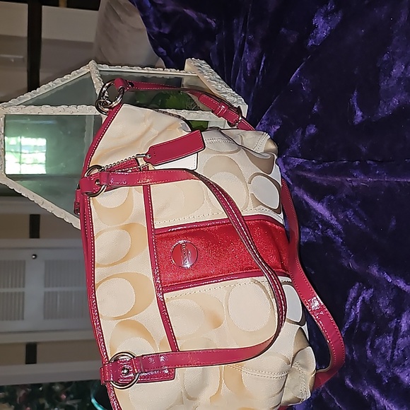 Coach Handbags - Coach Like new condition signature "CC" canvas tote with red patent accents.